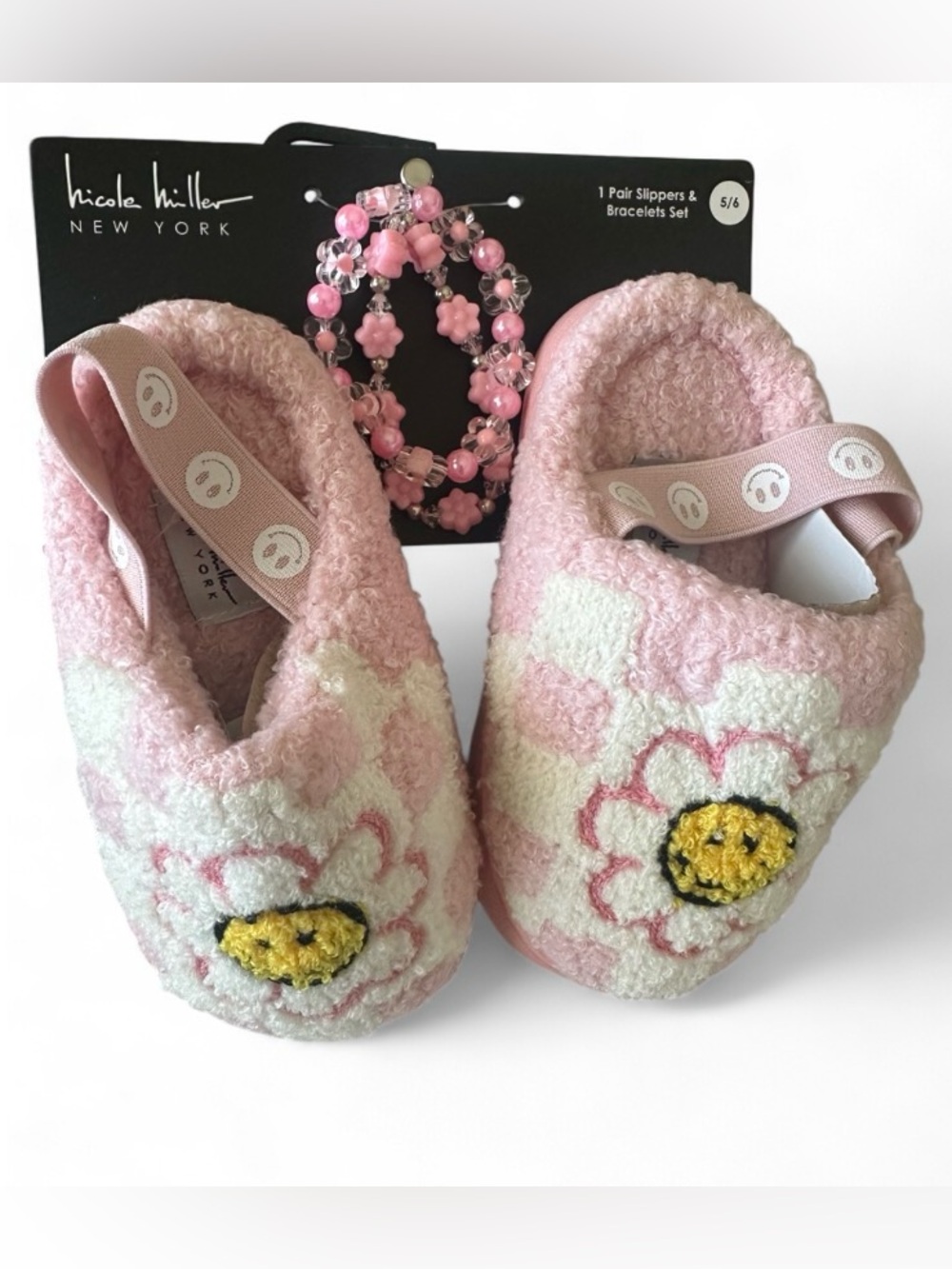 Nicole Miller Kids Flower Smiley Face Checked Sherpa Slipper & Bracelet Set NWT
